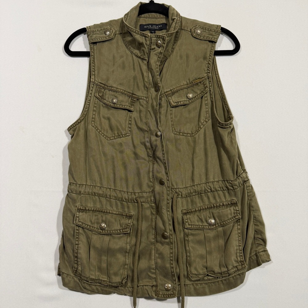 Max Jeans Utility Vest Women's S Olive Green Military Cargo Drawstring Gorpcore